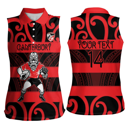 Canterbury Custom Rugby New Zealand Women Sleeveless Polo Shirt Aotearoa Maori Pukana Tiki Mascot