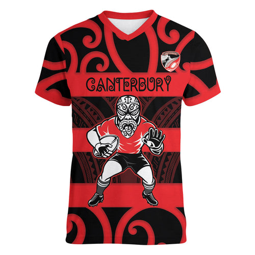 Canterbury Custom Rugby New Zealand Women V-Neck T-Shirt Aotearoa Maori Pukana Tiki Mascot