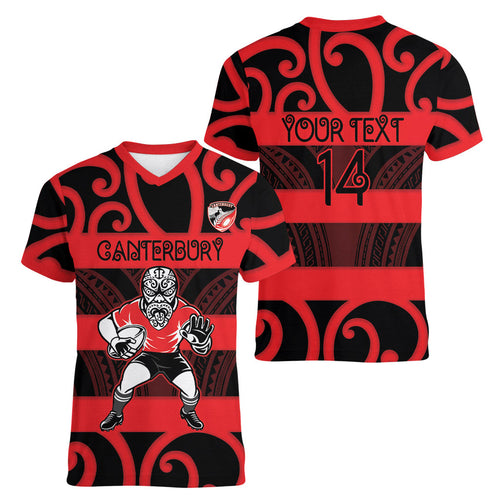 Canterbury Custom Rugby New Zealand Women V-Neck T-Shirt Aotearoa Maori Pukana Tiki Mascot