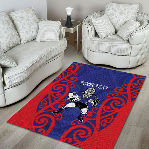 Tasman Custom Rugby New Zealand Area Rug Aotearoa Maori Pukana Tiki Mascot