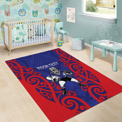 Tasman Custom Rugby New Zealand Area Rug Aotearoa Maori Pukana Tiki Mascot