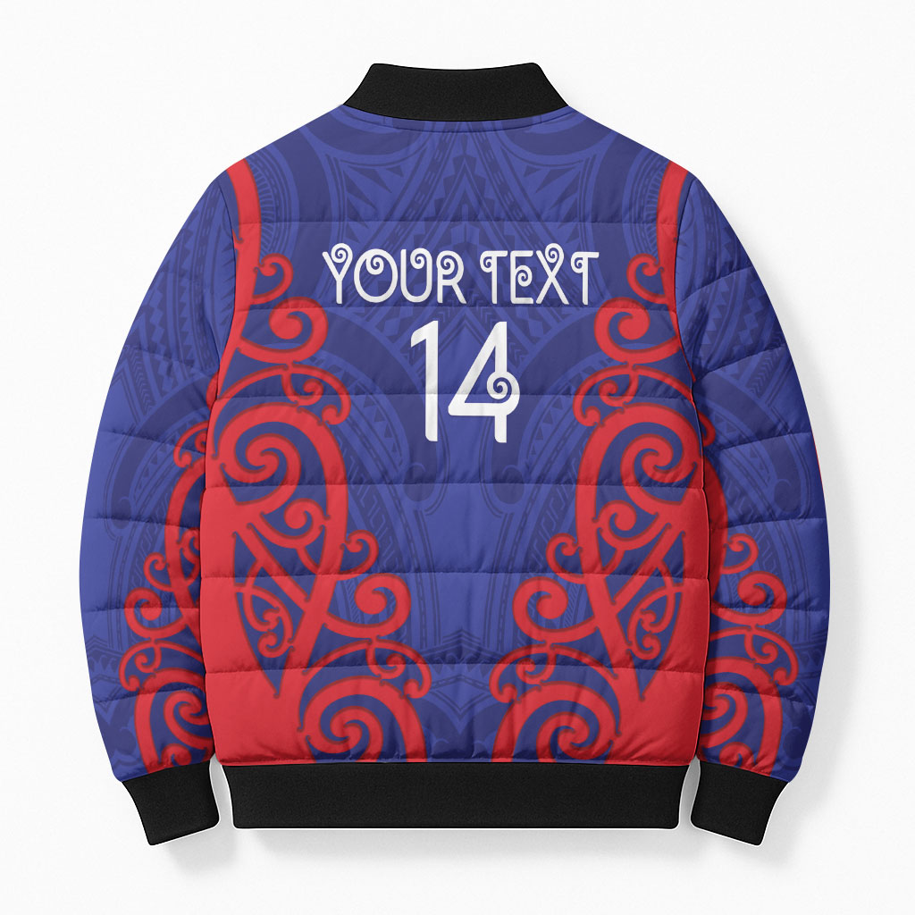 Tasman Custom Rugby New Zealand Bomber Puffer Jacket Aotearoa Maori Pukana Tiki Mascot