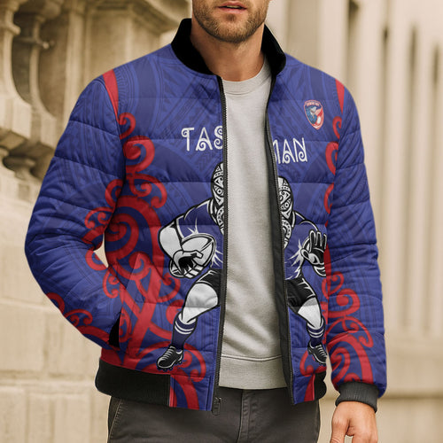Tasman Custom Rugby New Zealand Bomber Puffer Jacket Aotearoa Maori Pukana Tiki Mascot