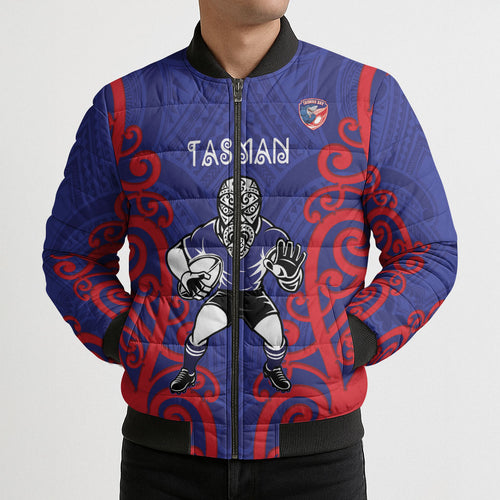 Tasman Custom Rugby New Zealand Bomber Puffer Jacket Aotearoa Maori Pukana Tiki Mascot