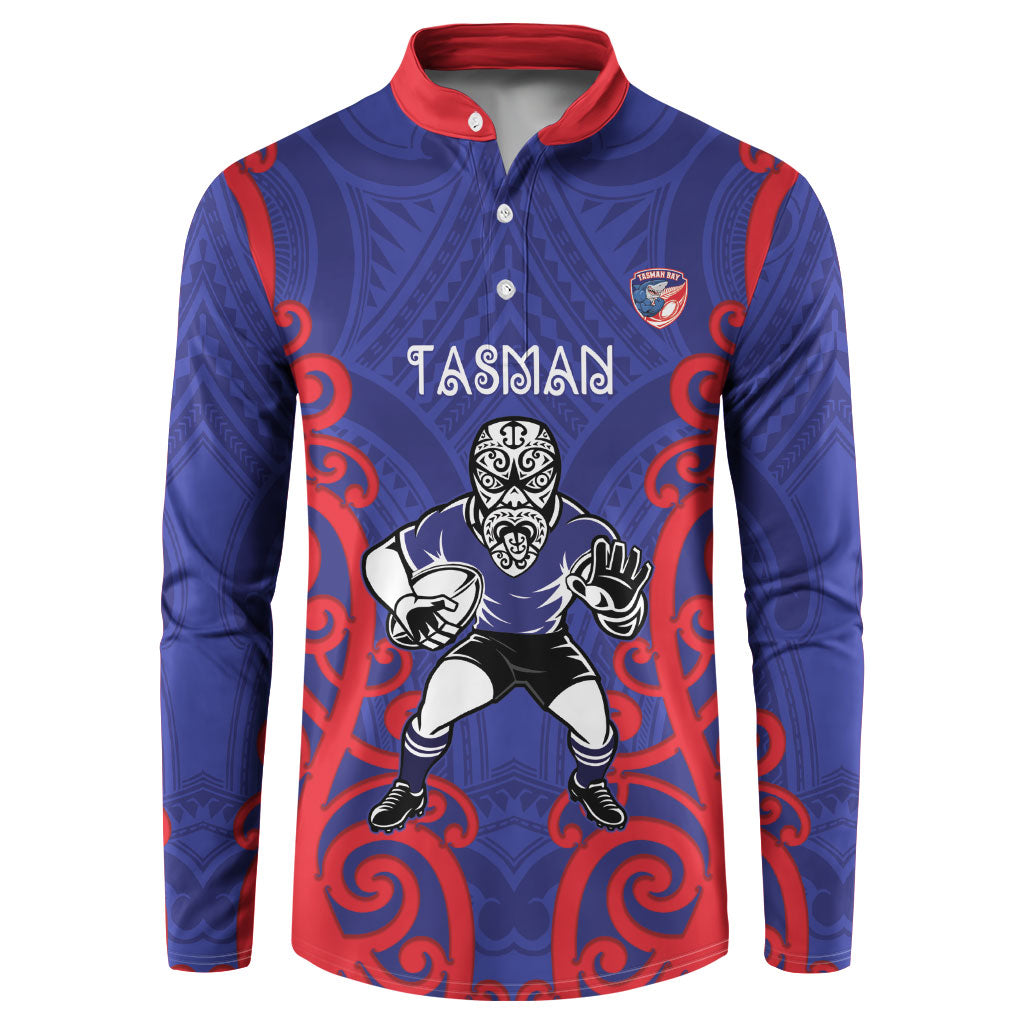 Tasman Custom Rugby New Zealand Button Sweatshirt Aotearoa Maori Pukana Tiki Mascot