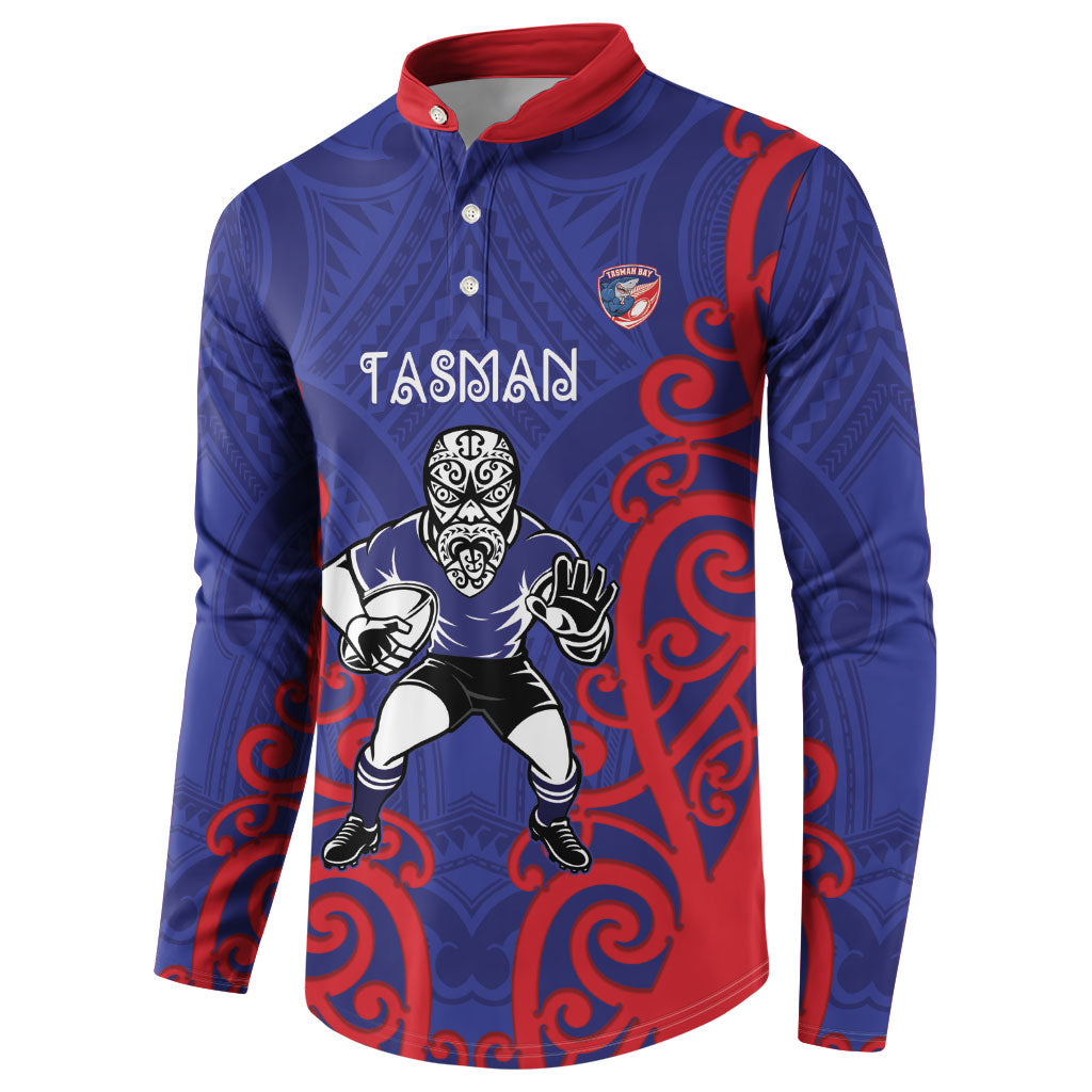 Tasman Custom Rugby New Zealand Button Sweatshirt Aotearoa Maori Pukana Tiki Mascot