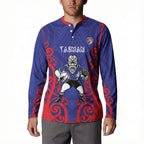 Tasman Custom Rugby New Zealand Button Sweatshirt Aotearoa Maori Pukana Tiki Mascot