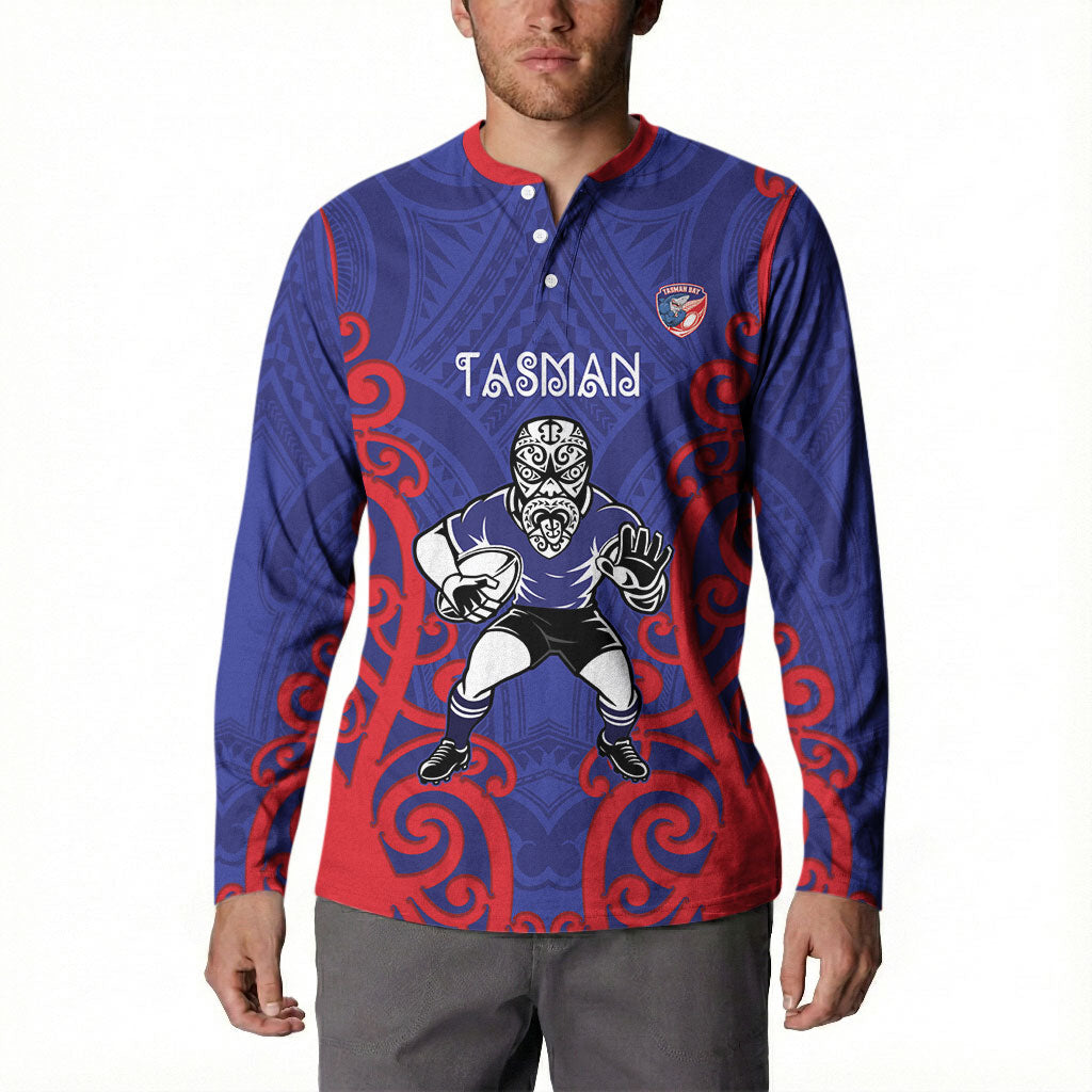 Tasman Custom Rugby New Zealand Button Sweatshirt Aotearoa Maori Pukana Tiki Mascot