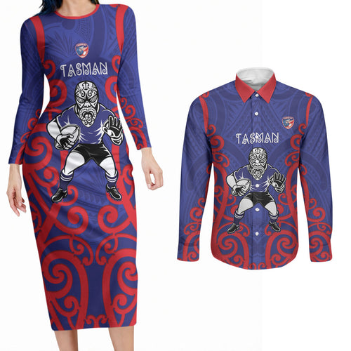 Tasman Custom Rugby New Zealand Couples Matching Long Sleeve Bodycon Dress and Long Sleeve Button Shirt Aotearoa Maori Pukana Tiki Mascot