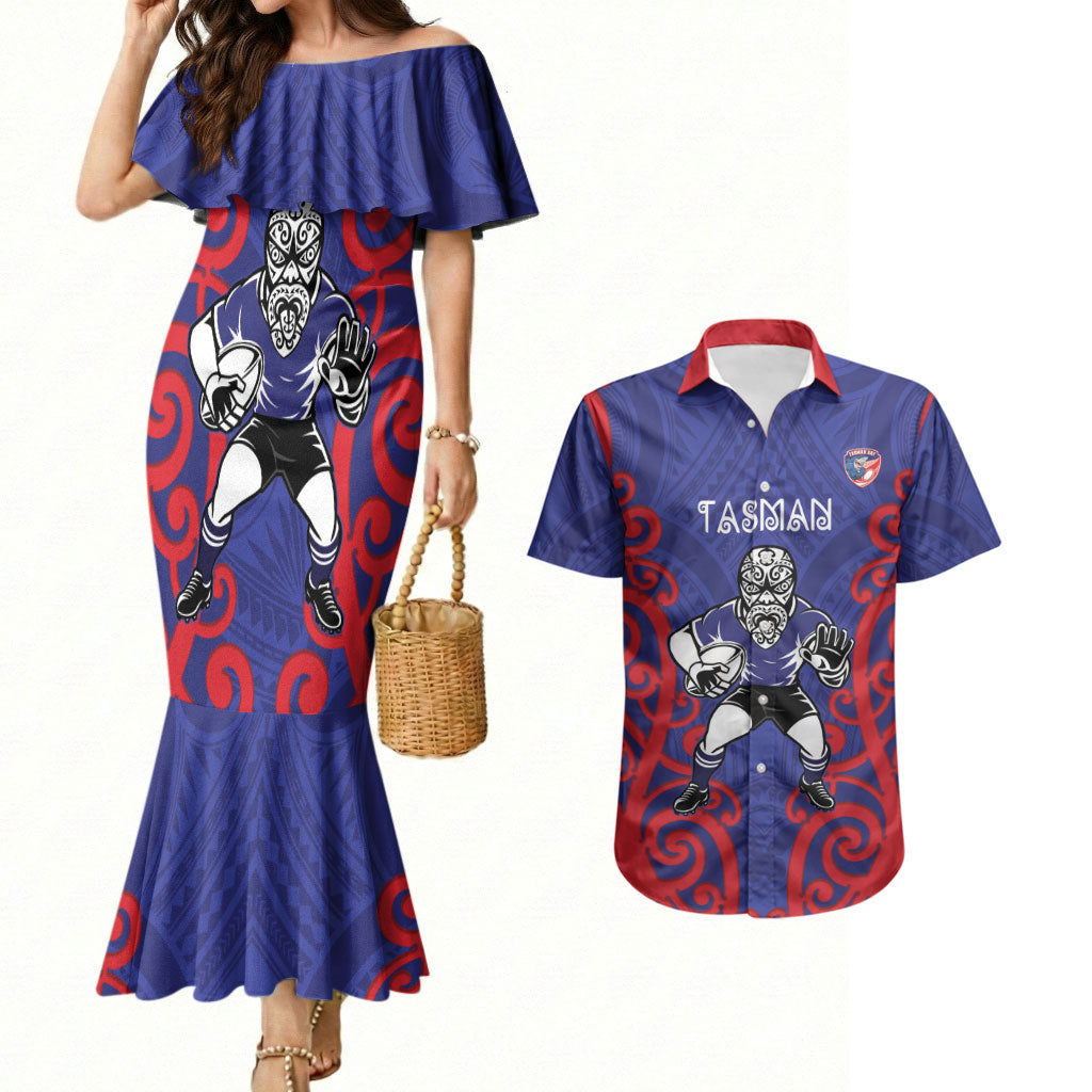 Tasman Custom Rugby New Zealand Couples Matching Mermaid Dress and Hawaiian Shirt Aotearoa Maori Pukana Tiki Mascot