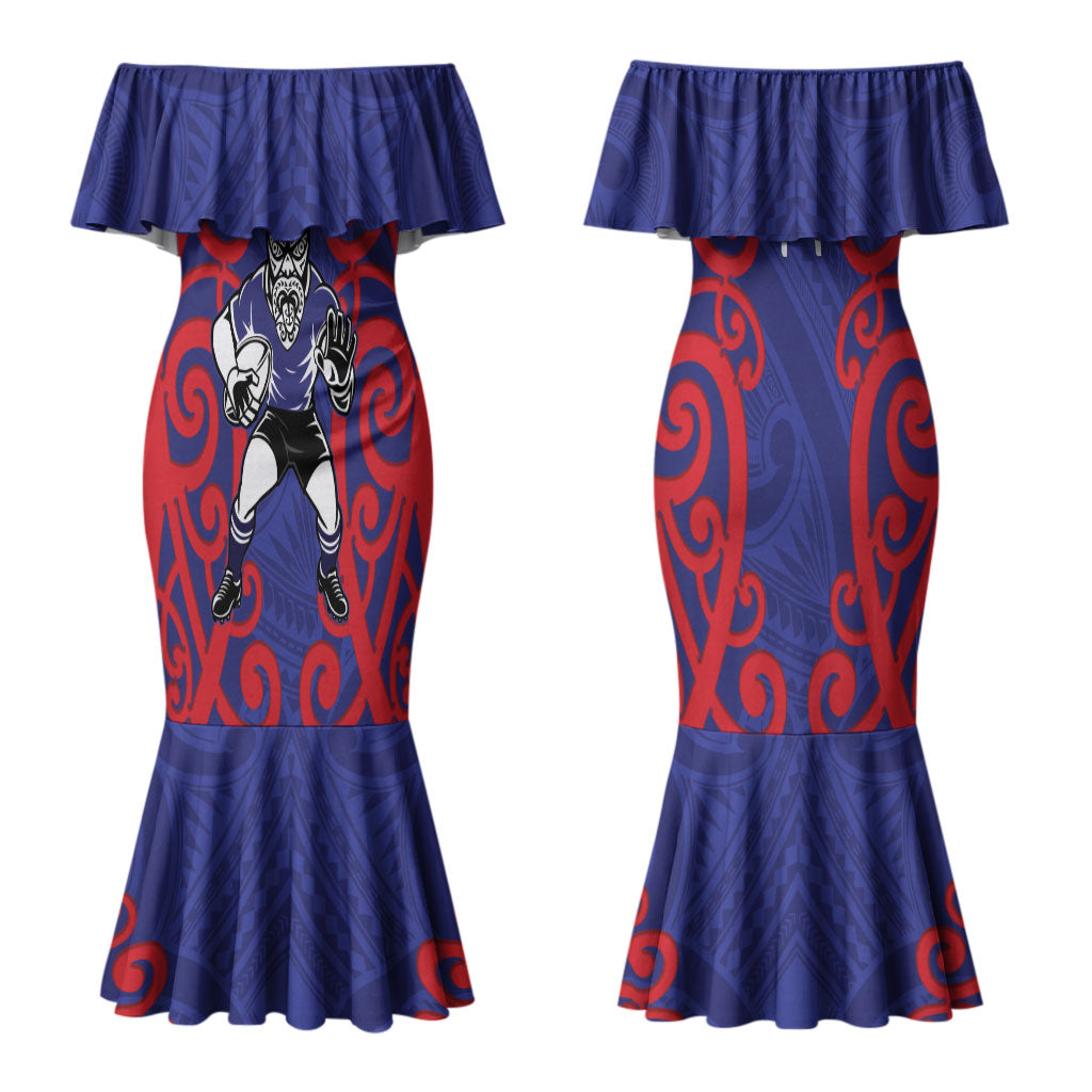 Tasman Custom Rugby New Zealand Couples Matching Mermaid Dress and Hawaiian Shirt Aotearoa Maori Pukana Tiki Mascot