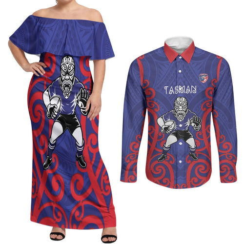 Tasman Custom Rugby New Zealand Couples Matching Off Shoulder Maxi Dress and Long Sleeve Button Shirt Aotearoa Maori Pukana Tiki Mascot