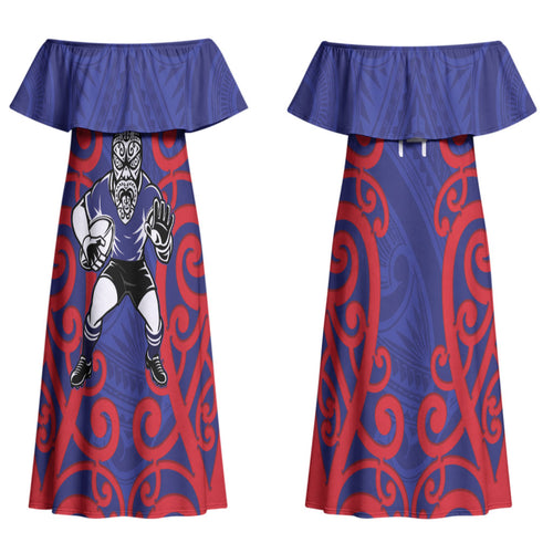 Tasman Custom Rugby New Zealand Couples Matching Off Shoulder Maxi Dress and Long Sleeve Button Shirt Aotearoa Maori Pukana Tiki Mascot