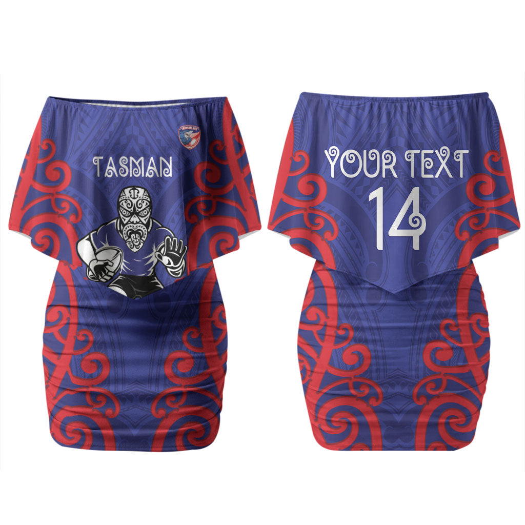 Tasman Custom Rugby New Zealand Couples Matching Off Shoulder Short Dress and Hawaiian Shirt Aotearoa Maori Pukana Tiki Mascot