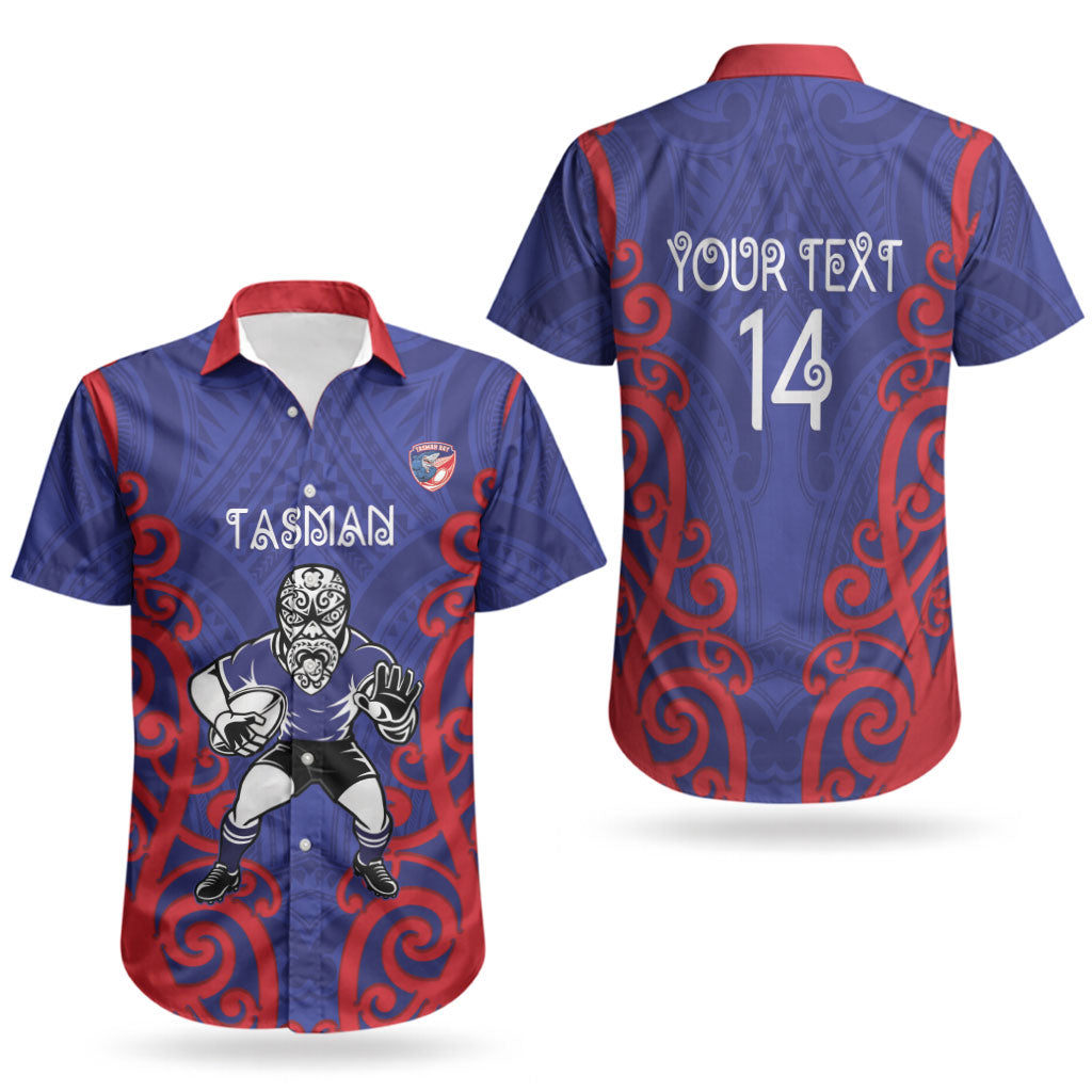 Tasman Custom Rugby New Zealand Couples Matching Short Sleeve Bodycon Dress and Hawaiian Shirt Aotearoa Maori Pukana Tiki Mascot