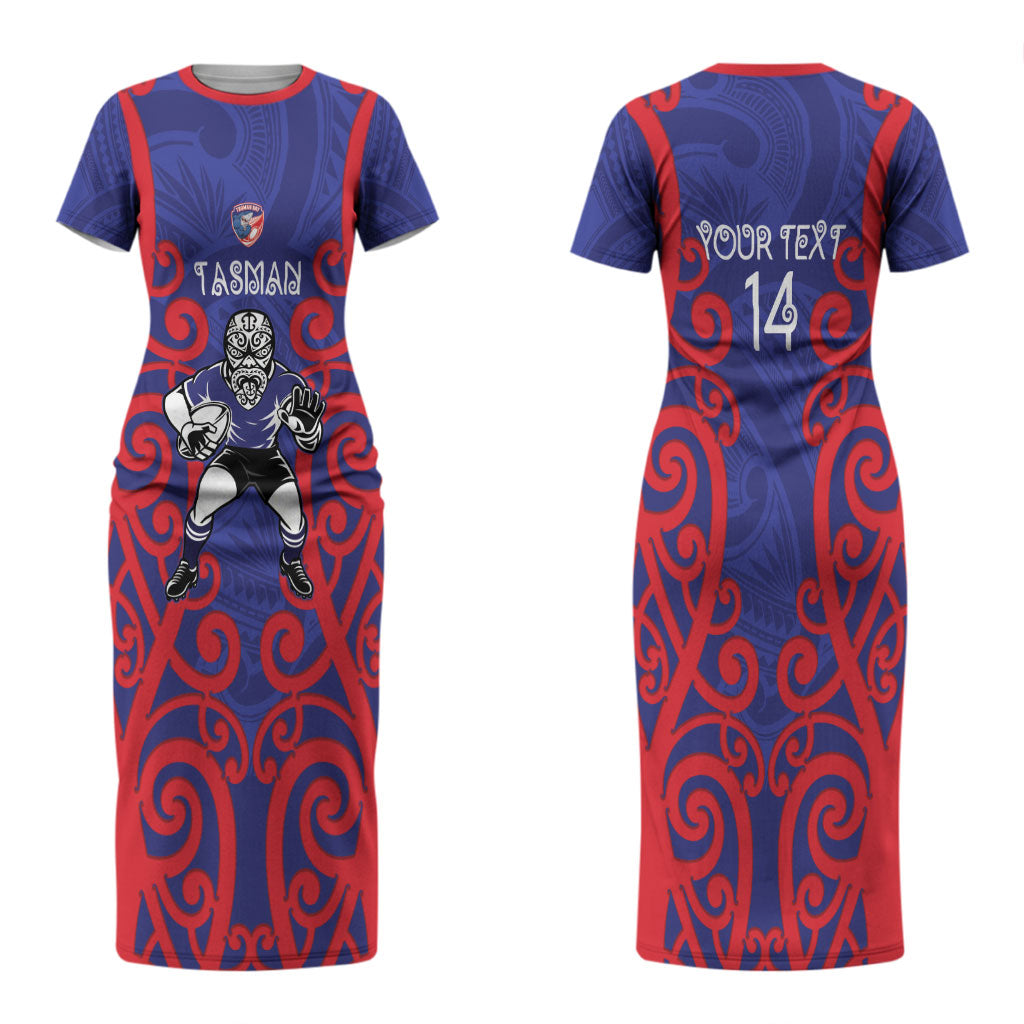 Tasman Custom Rugby New Zealand Couples Matching Short Sleeve Bodycon Dress and Hawaiian Shirt Aotearoa Maori Pukana Tiki Mascot