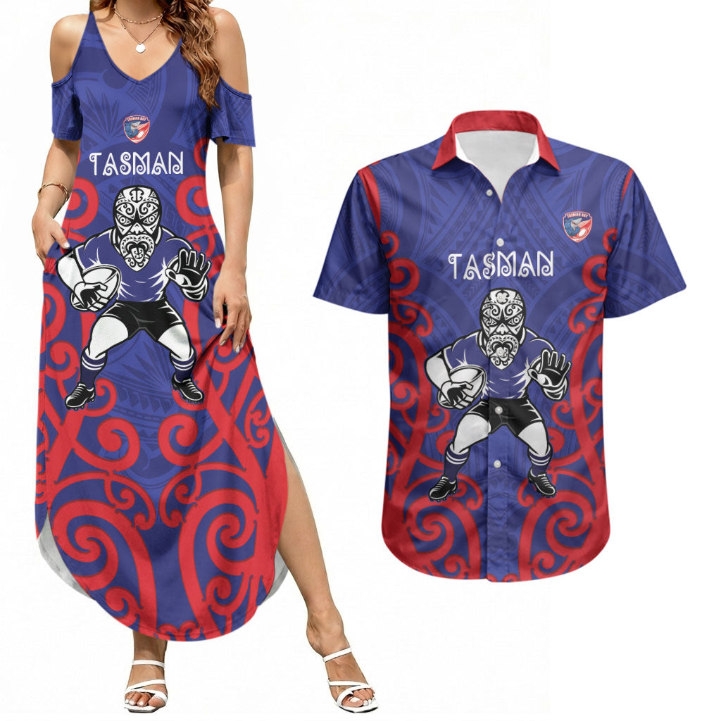 Tasman Custom Rugby New Zealand Couples Matching Summer Maxi Dress and Hawaiian Shirt Aotearoa Maori Pukana Tiki Mascot