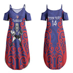 Tasman Custom Rugby New Zealand Couples Matching Summer Maxi Dress and Hawaiian Shirt Aotearoa Maori Pukana Tiki Mascot