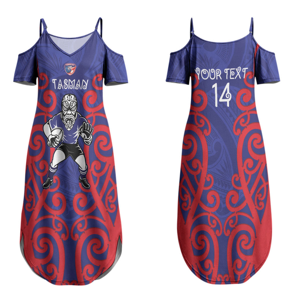 Tasman Custom Rugby New Zealand Couples Matching Summer Maxi Dress and Hawaiian Shirt Aotearoa Maori Pukana Tiki Mascot