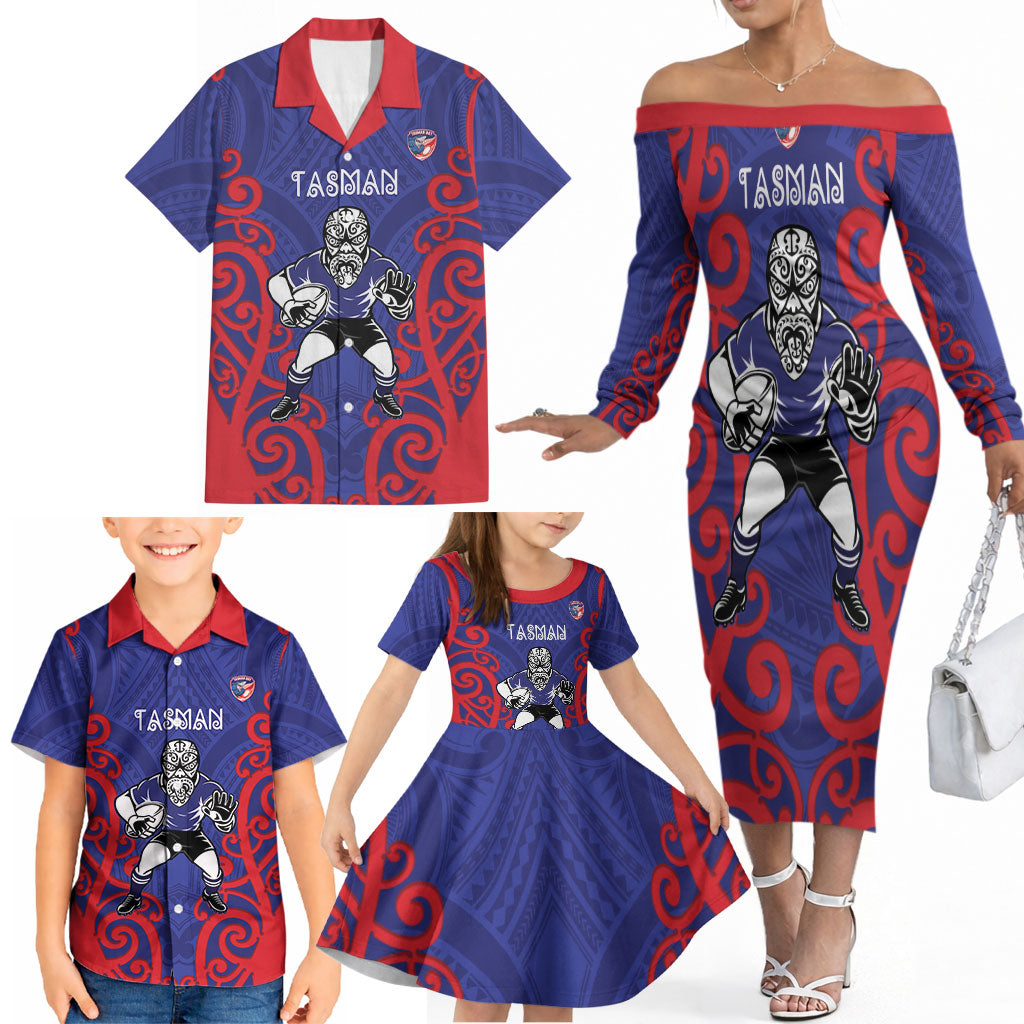 Tasman Custom Rugby New Zealand Family Matching Off The Shoulder Long Sleeve Dress and Hawaiian Shirt Aotearoa Maori Pukana Tiki Mascot