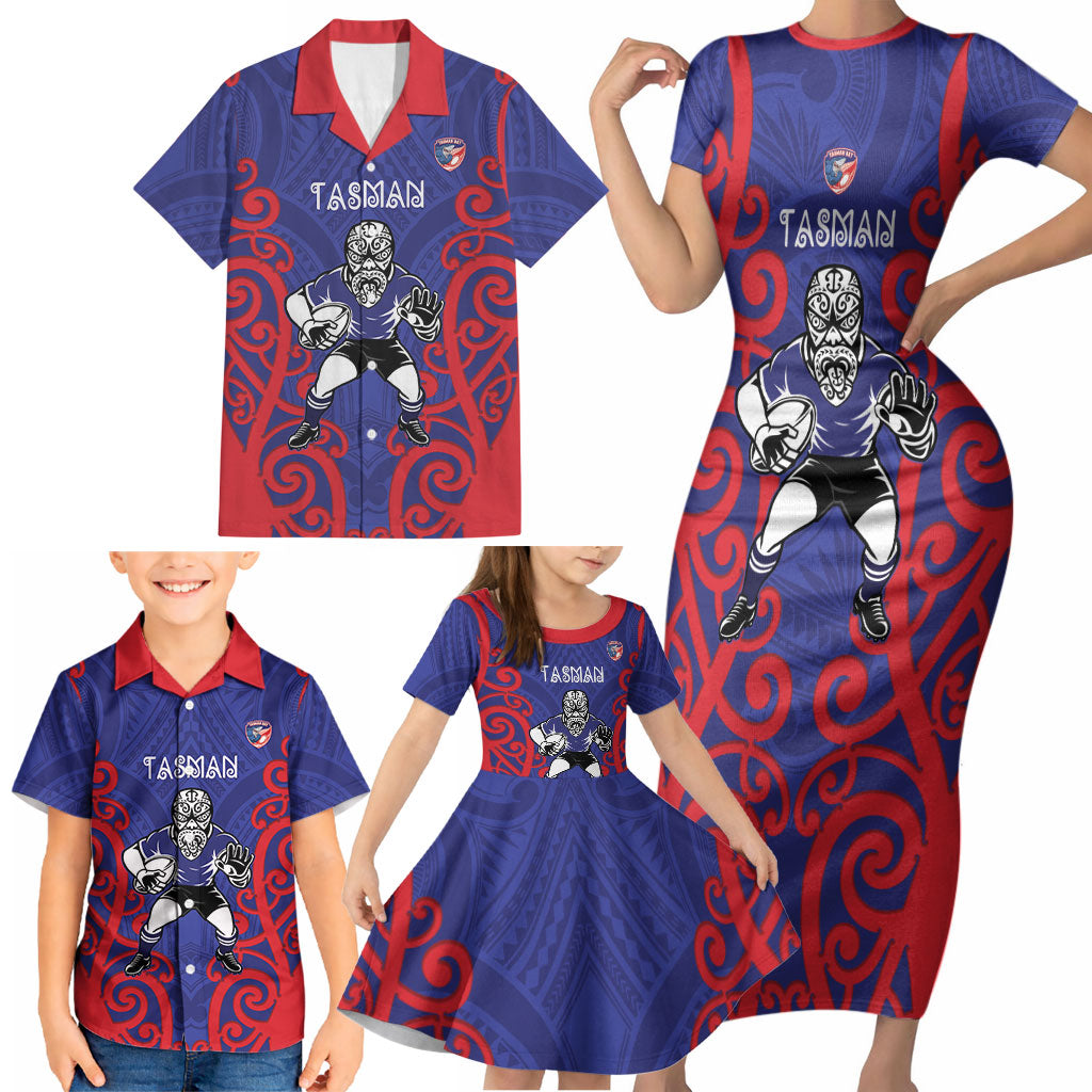 Tasman Custom Rugby New Zealand Family Matching Short Sleeve Bodycon Dress and Hawaiian Shirt Aotearoa Maori Pukana Tiki Mascot