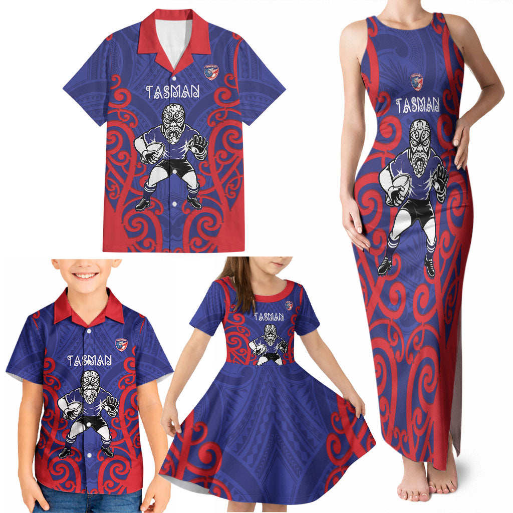 Tasman Custom Rugby New Zealand Family Matching Tank Maxi Dress and Hawaiian Shirt Aotearoa Maori Pukana Tiki Mascot