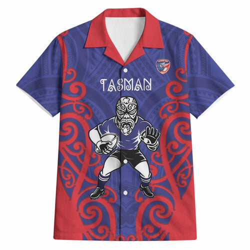 Tasman Custom Rugby New Zealand Hawaiian Shirt Aotearoa Maori Pukana Tiki Mascot