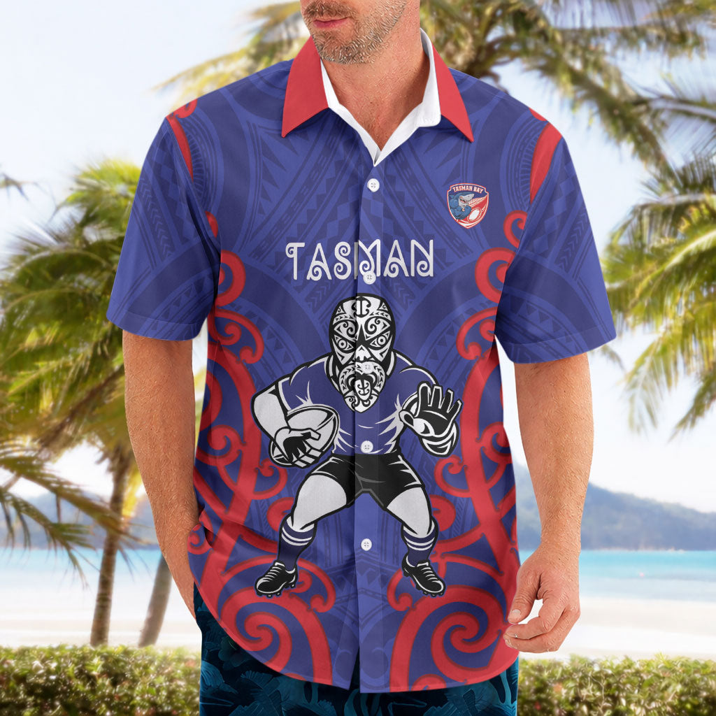 Tasman Custom Rugby New Zealand Hawaiian Shirt Aotearoa Maori Pukana Tiki Mascot