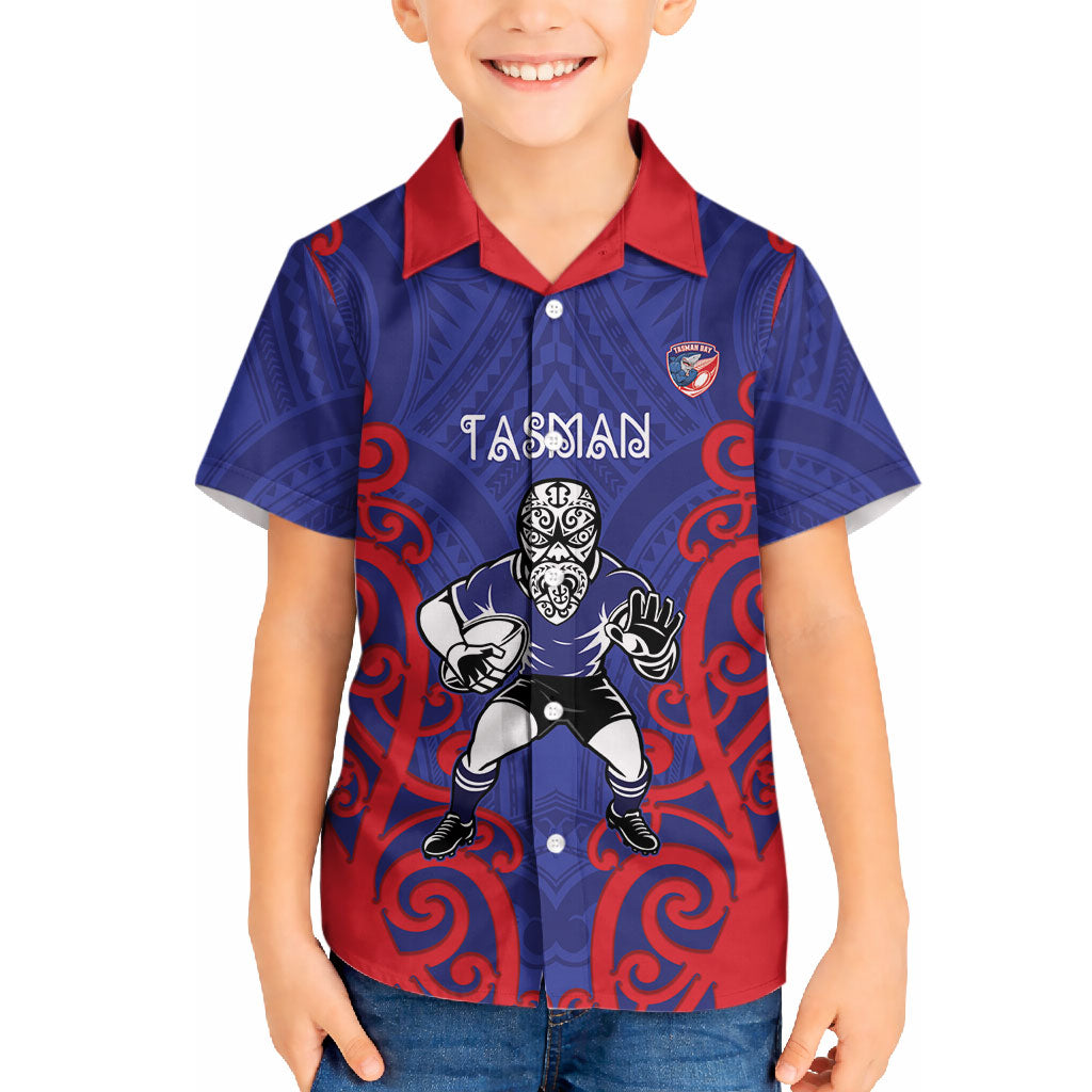 Tasman Custom Rugby New Zealand Hawaiian Shirt Aotearoa Maori Pukana Tiki Mascot