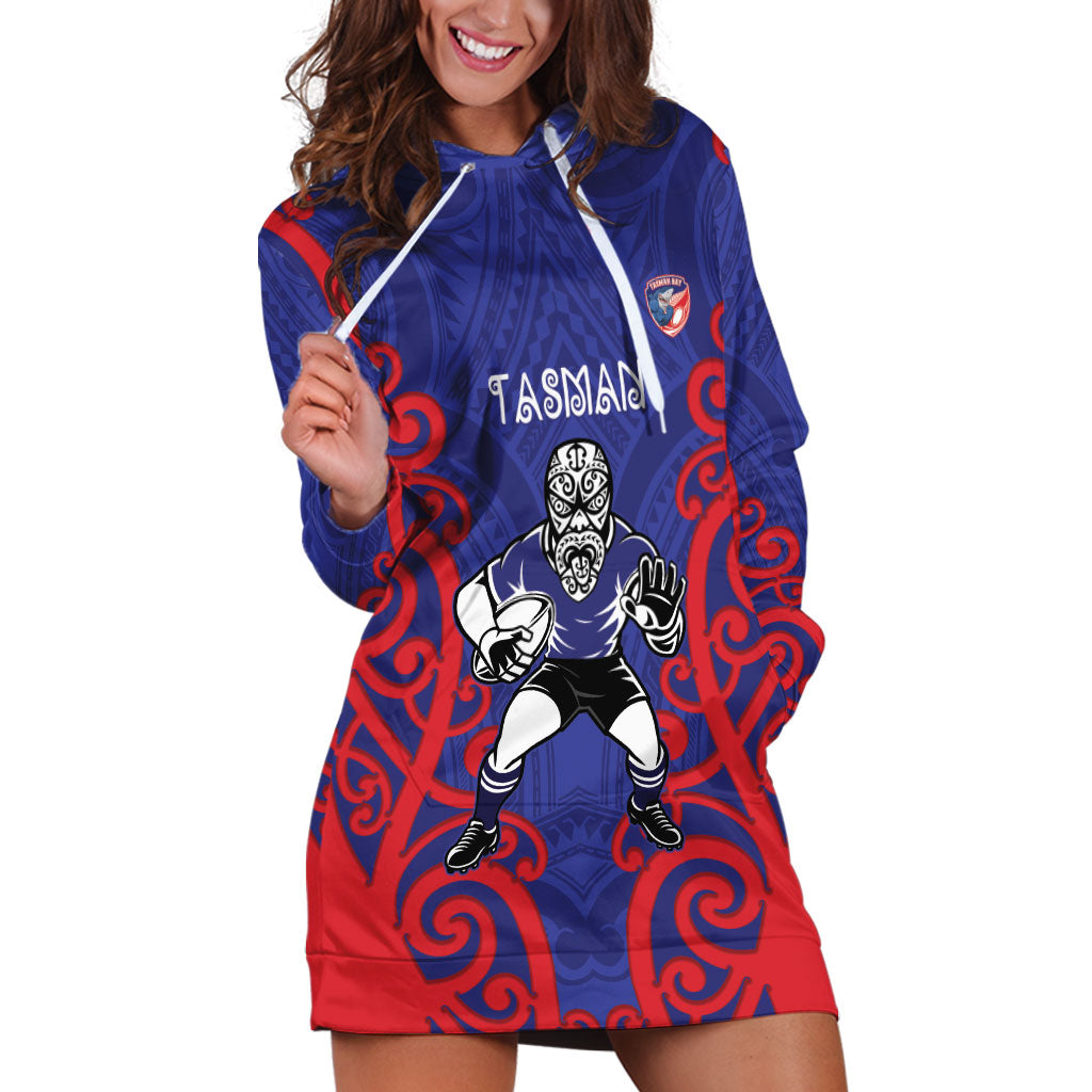 Tasman Custom Rugby New Zealand Hoodie Dress Aotearoa Maori Pukana Tiki Mascot
