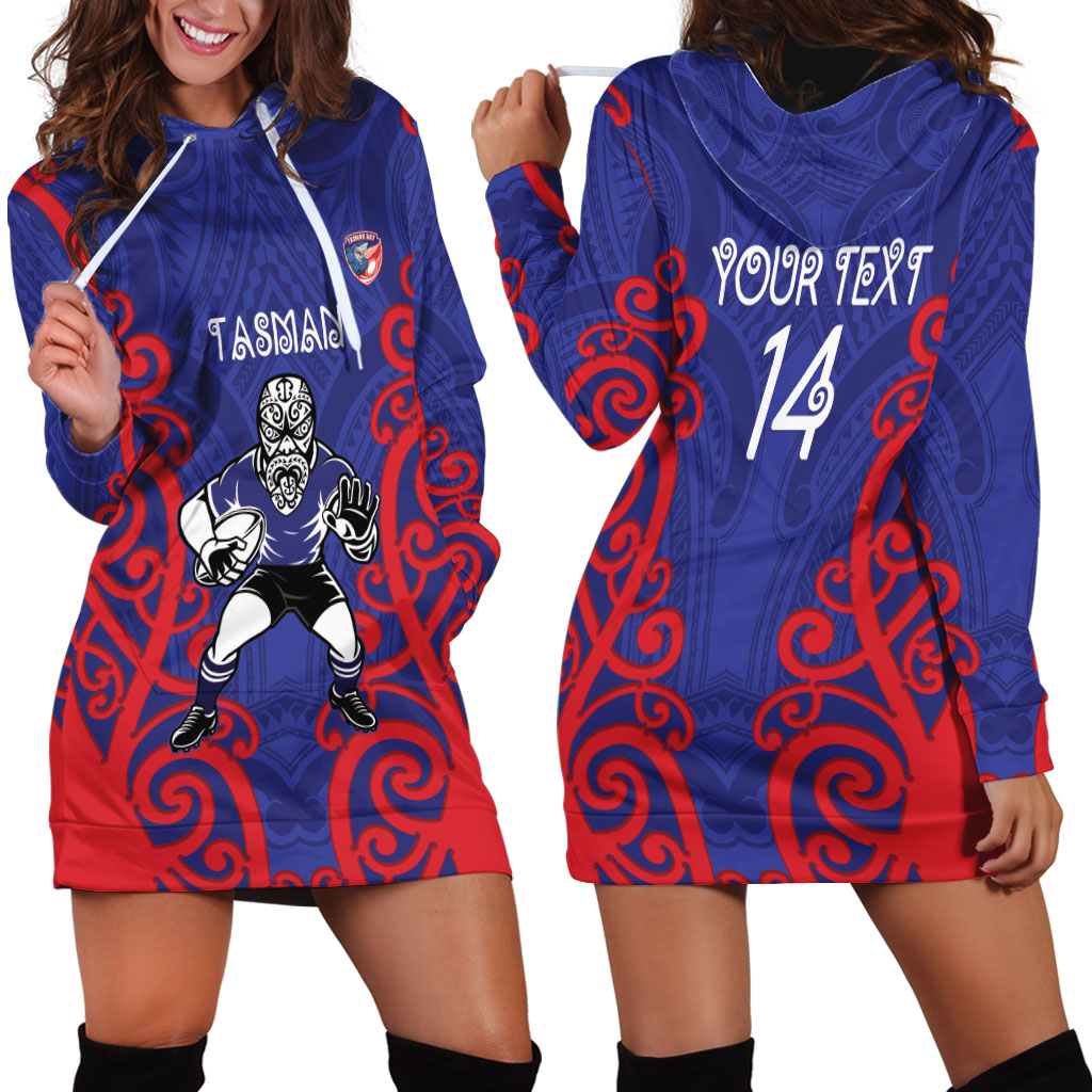 Tasman Custom Rugby New Zealand Hoodie Dress Aotearoa Maori Pukana Tiki Mascot
