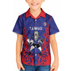 Tasman Custom Rugby New Zealand Kid Hawaiian Shirt Aotearoa Maori Pukana Tiki Mascot