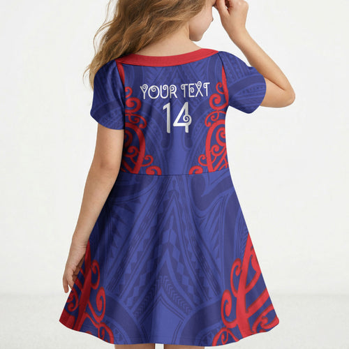Tasman Custom Rugby New Zealand Kid Short Sleeve Dress Aotearoa Maori Pukana Tiki Mascot