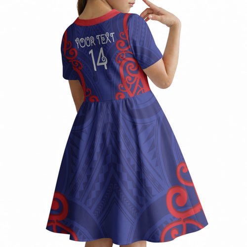 Tasman Custom Rugby New Zealand Kid Short Sleeve Dress Aotearoa Maori Pukana Tiki Mascot