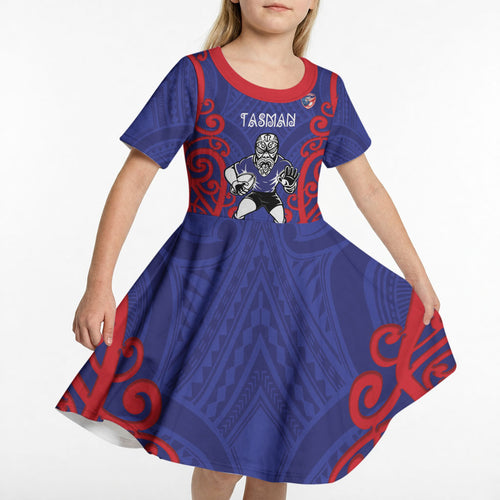 Tasman Custom Rugby New Zealand Kid Short Sleeve Dress Aotearoa Maori Pukana Tiki Mascot