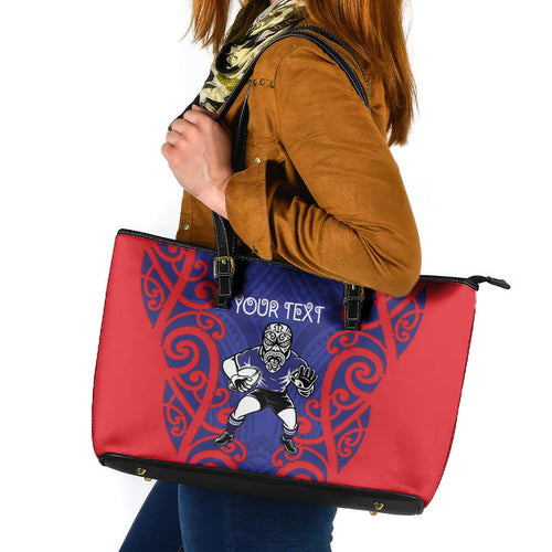 Tasman Custom Rugby New Zealand Leather Tote Bag Aotearoa Maori Pukana Tiki Mascot