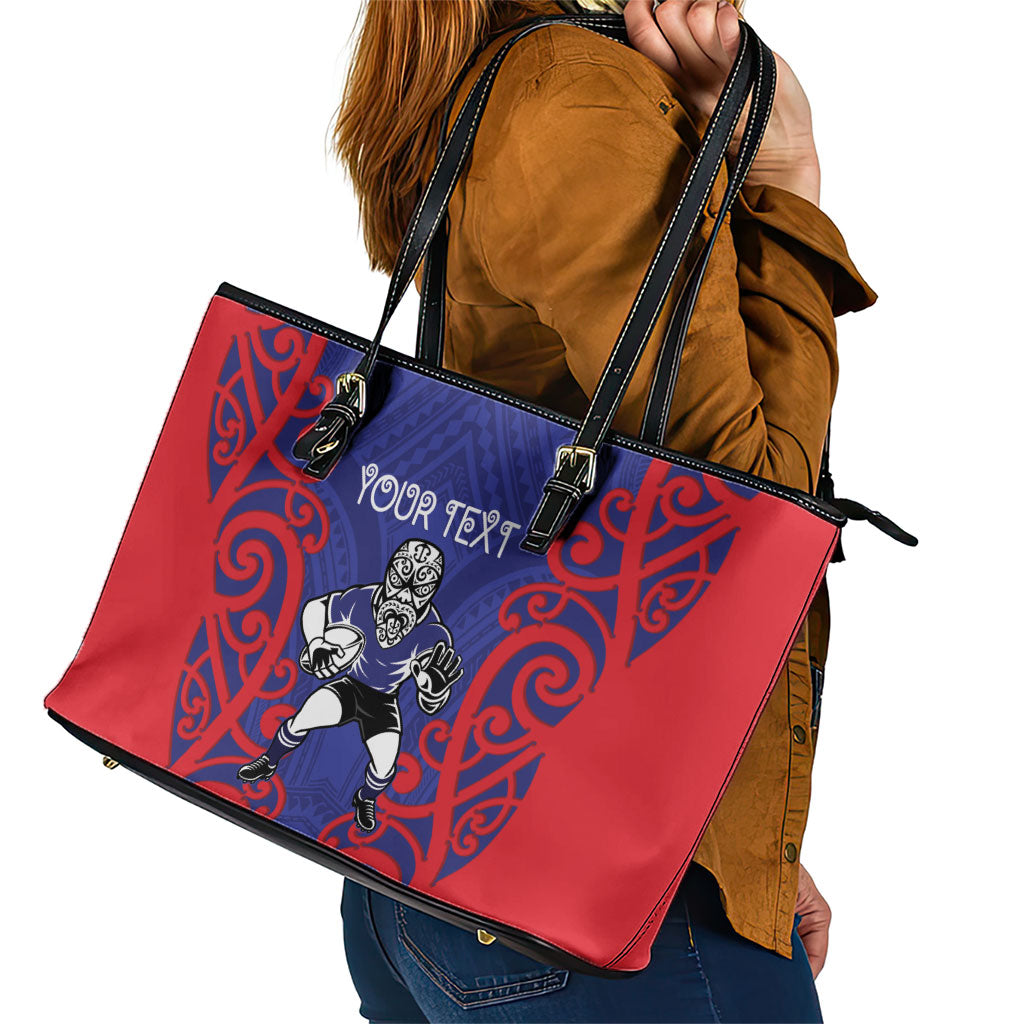 Tasman Custom Rugby New Zealand Leather Tote Bag Aotearoa Maori Pukana Tiki Mascot