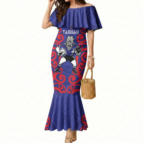 Tasman Custom Rugby New Zealand Mermaid Dress Aotearoa Maori Pukana Tiki Mascot