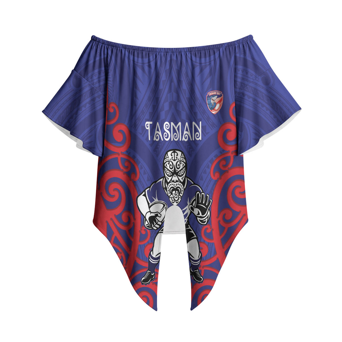 Tasman Custom Rugby New Zealand Off Shoulder Wrap Waist Top Aotearoa Maori Pukana Tiki Mascot