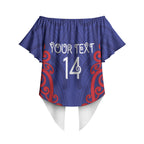 Tasman Custom Rugby New Zealand Off Shoulder Wrap Waist Top Aotearoa Maori Pukana Tiki Mascot