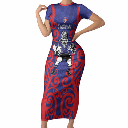 Tasman Custom Rugby New Zealand Short Sleeve Bodycon Dress Aotearoa Maori Pukana Tiki Mascot