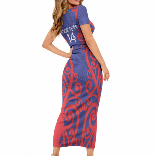 Tasman Custom Rugby New Zealand Short Sleeve Bodycon Dress Aotearoa Maori Pukana Tiki Mascot