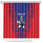 Tasman Custom Rugby New Zealand Shower Curtain Aotearoa Maori Pukana Tiki Mascot