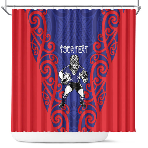 Tasman Custom Rugby New Zealand Shower Curtain Aotearoa Maori Pukana Tiki Mascot