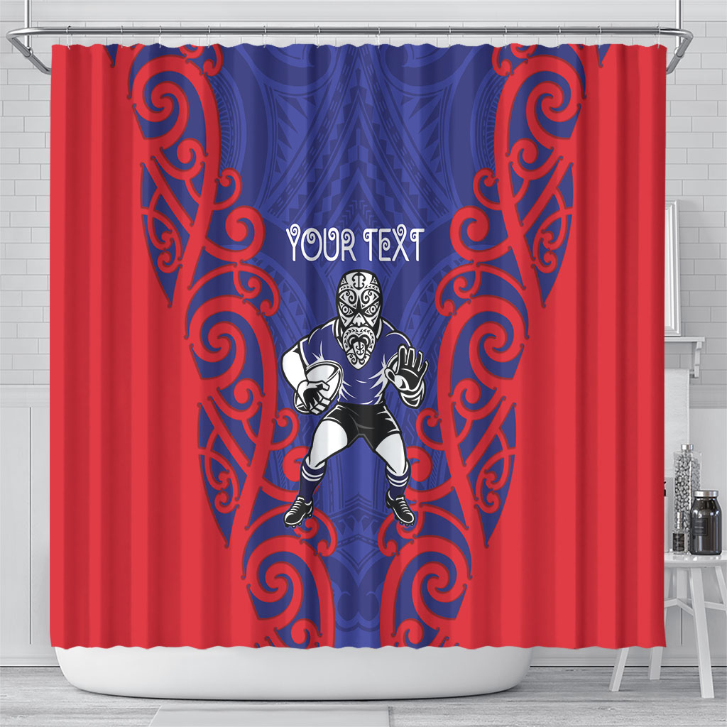 Tasman Custom Rugby New Zealand Shower Curtain Aotearoa Maori Pukana Tiki Mascot