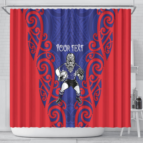 Tasman Custom Rugby New Zealand Shower Curtain Aotearoa Maori Pukana Tiki Mascot