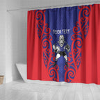 Tasman Custom Rugby New Zealand Shower Curtain Aotearoa Maori Pukana Tiki Mascot