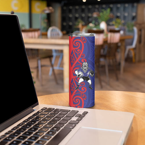 Tasman Custom Rugby New Zealand Skinny Tumbler Aotearoa Maori Pukana Tiki Mascot