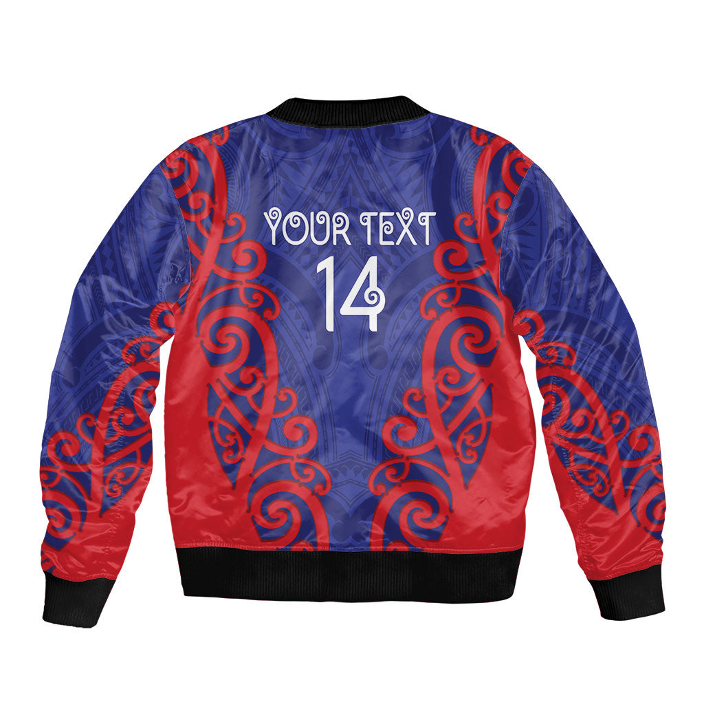 Tasman Custom Rugby New Zealand Sleeve Zip Bomber Jacket Aotearoa Maori Pukana Tiki Mascot