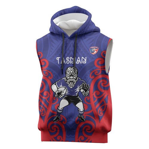 Tasman Custom Rugby New Zealand Sleeveless Hoodie Aotearoa Maori Pukana Tiki Mascot